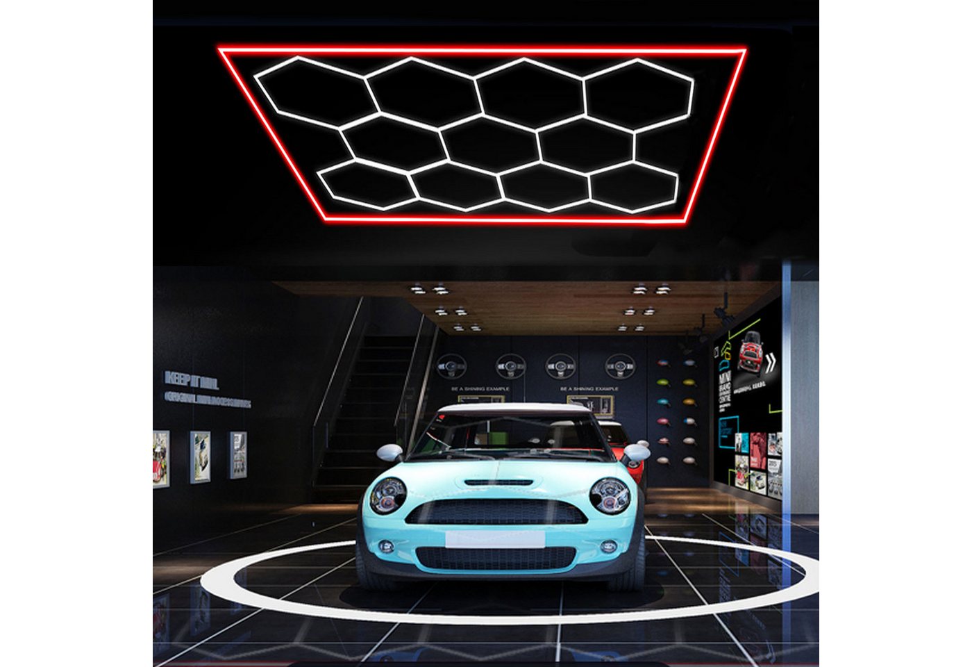 oyajia Deckenleuchten 11 Packs Hexagon mit Rot Rand, LED Deckenleuchte Garagenleuchte 500W, LED fest integriert, ‎Kaltweiß, LED Garage Light für Garage, Studio, Parkplatz, Auto-Detailing-Shop