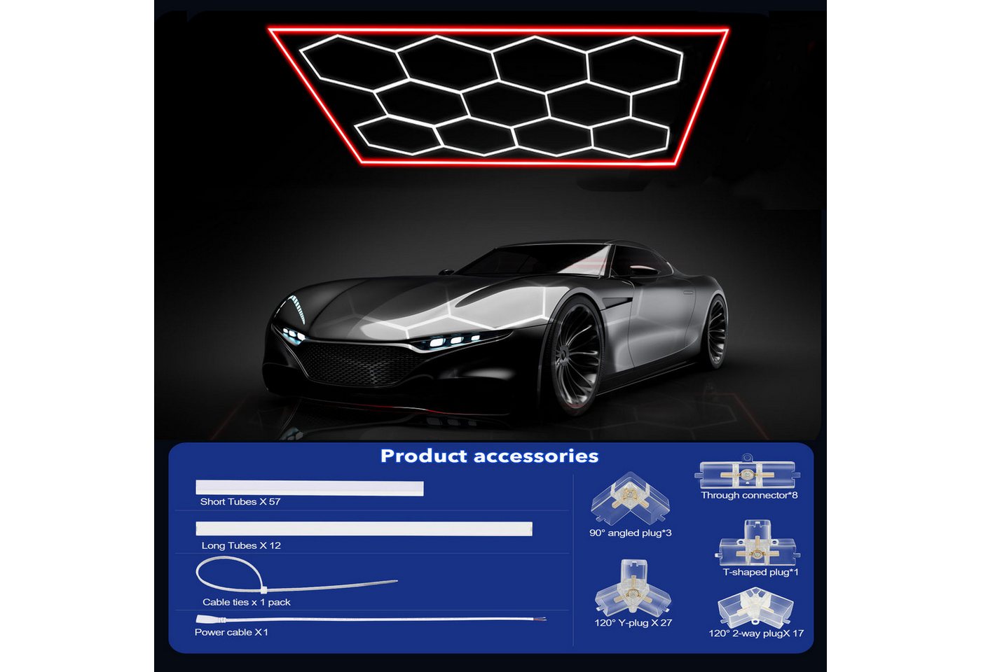 oyajia Deckenleuchten 11 Packs Hexagon mit Rot Rand, LED Deckenleuchte Garagenleuchte 500W, LED fest integriert, ‎Kaltweiß, LED Garage Light für Garage, Studio, Parkplatz, Auto-Detailing-Shop Bild 5