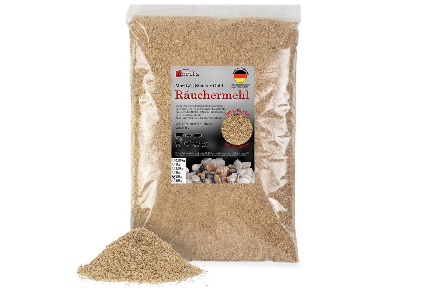 Moritz Räucherbox 15kg Räuchermehl Buche fein 0,5 -1 mm zum smoken, räuchern/kalträuchern von Fleisch, Fisch, Gemüse geeignet Bild 3