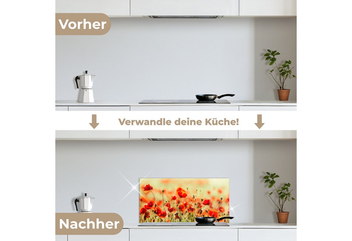 KitchenYeah Küchenrückwand selbstklebend (keine Folie) Mohnblumen - Blumen - Rot - Blumenfeld, (1-tlg), Küchenrückwand, Spritzschutz, Kitchen, 60x30 cm Bild 2