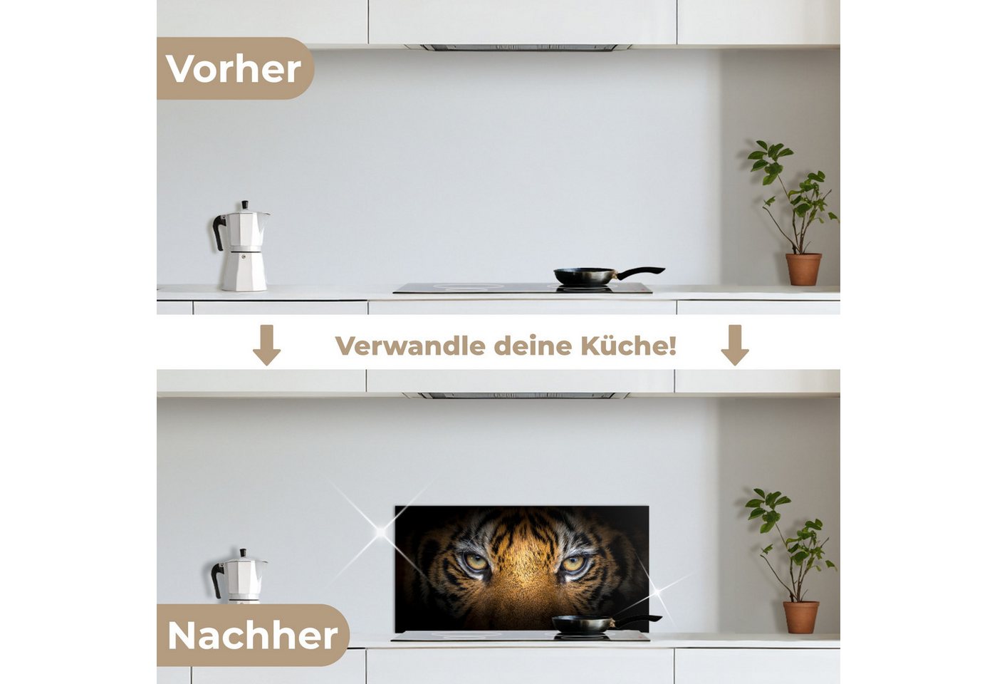 KitchenYeah Küchenrückwand selbstklebend (keine Folie) Tiger - Schwarz - Tier, (1-tlg), Küchenrückwand, Spritzschutz, Kitchen, 60x30 cm