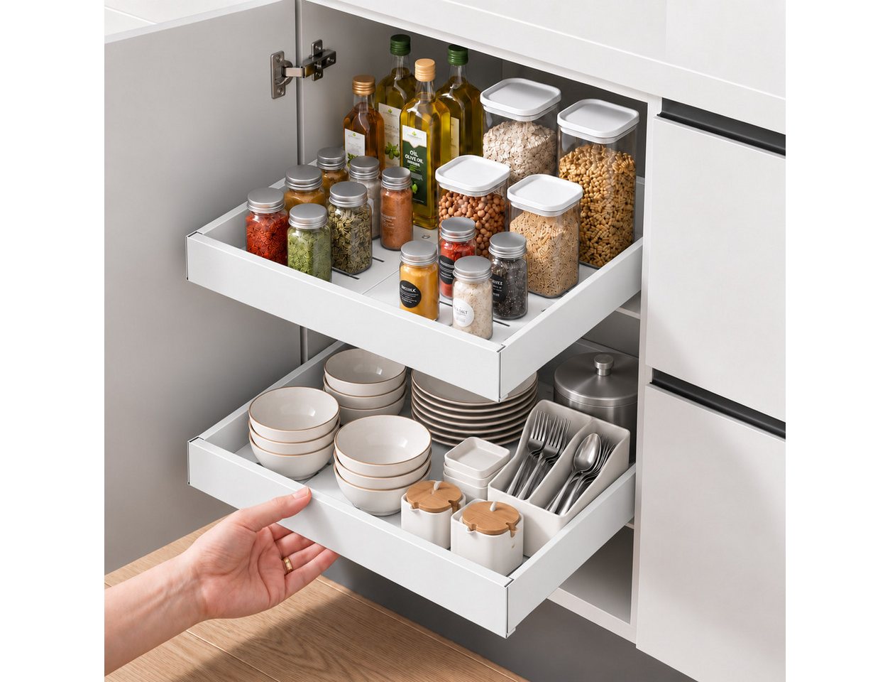 VIVREAL Küchenorganizer-Set Teleskopschublade küche 32–52 / 42–68 cm, ohne Bohren, Carbonstahl, (2-tlg), Flexibel ausziehbar, bis 15 kg belastbar, für Küche Speisekammer Bild 3