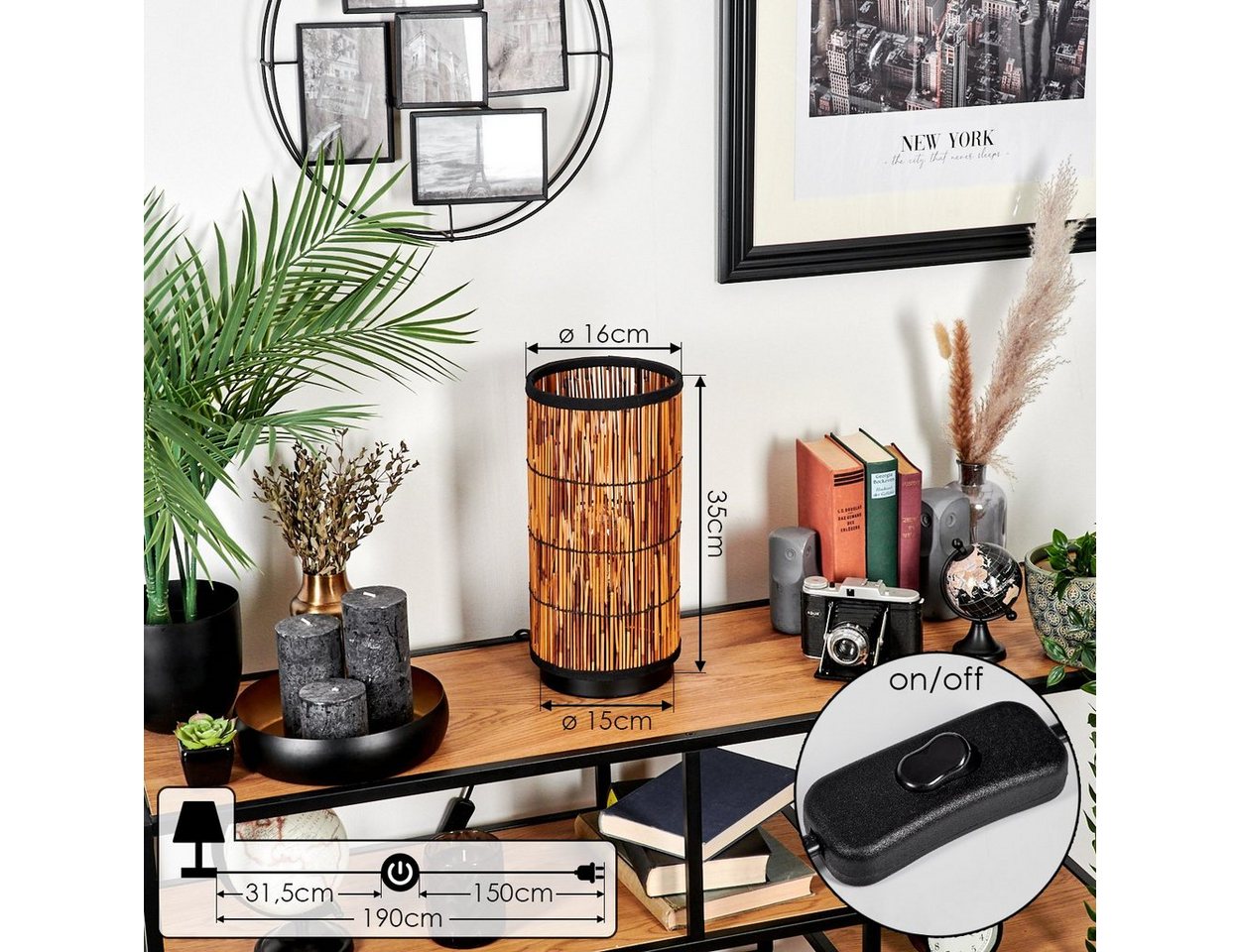 hofstein Tischleuchte moderne Tischlampe aus Metall/Rattan in Schwarz/Natur, ohne Leuchtmittel, Lampe skandinavischen Design, Höhe 35 cm, 1 x E27, ohne Leuchtmittel