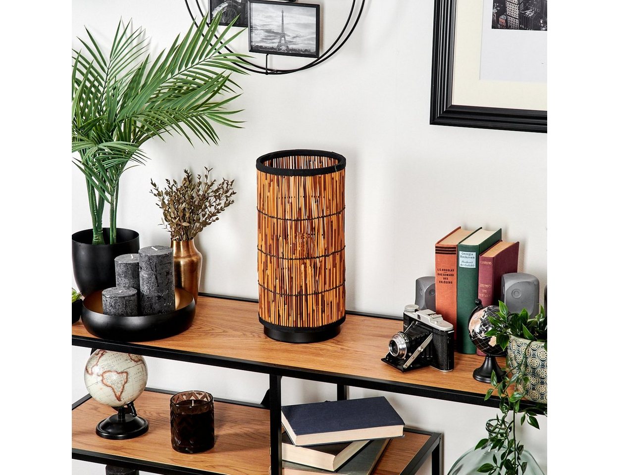hofstein Tischleuchte moderne Tischlampe aus Metall/Rattan in Schwarz/Natur, ohne Leuchtmittel, Lampe skandinavischen Design, Höhe 35 cm, 1 x E27, ohne Leuchtmittel Bild 2
