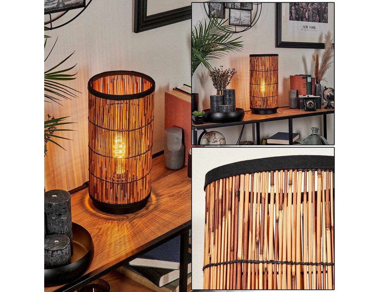 hofstein Tischleuchte moderne Tischlampe aus Metall/Rattan in Schwarz/Natur, ohne Leuchtmittel, Lampe skandinavischen Design, Höhe 35 cm, 1 x E27, ohne Leuchtmittel Bild 3