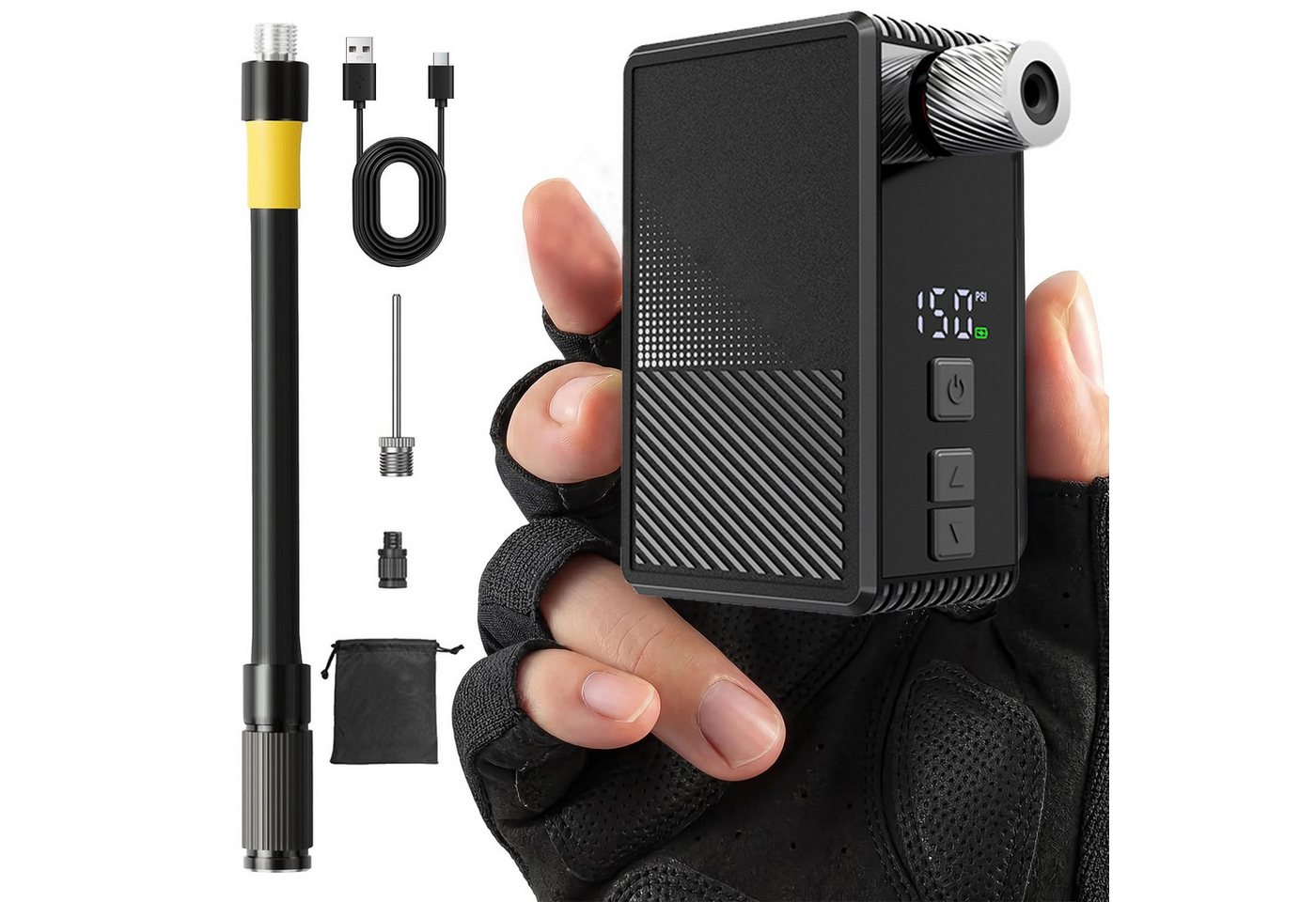 AIBISTAR Akku-Luftpumpe Mini-Kompressor, 130 PSI, 800mAh, USB-C, für Fahrrad (Höhenkorrektur für präzise Messung), Echtzeit-Display,Voreinstellungsmodus – automatische Abschaltung