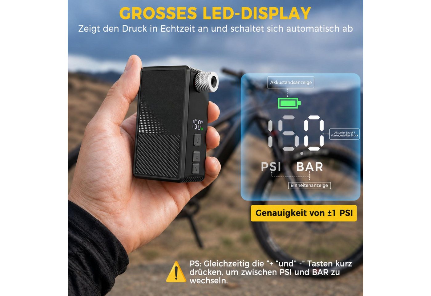 AIBISTAR Akku-Luftpumpe Mini-Kompressor, 130 PSI, 800mAh, USB-C, für Fahrrad (Höhenkorrektur für präzise Messung), Echtzeit-Display,Voreinstellungsmodus – automatische Abschaltung Bild 3