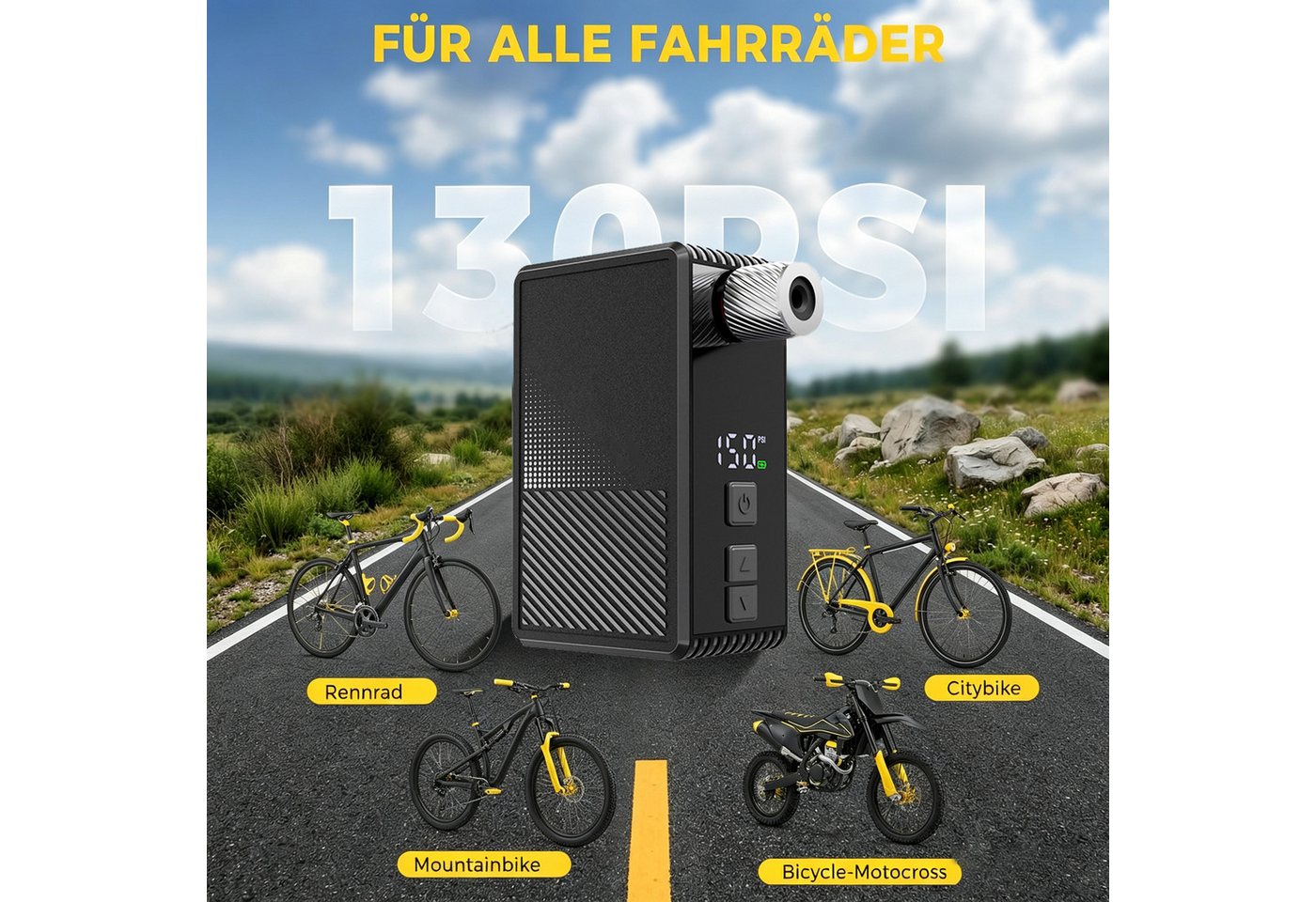 AIBISTAR Akku-Luftpumpe Mini-Kompressor, 130 PSI, 800mAh, USB-C, für Fahrrad (Höhenkorrektur für präzise Messung), Echtzeit-Display,Voreinstellungsmodus – automatische Abschaltung Bild 4