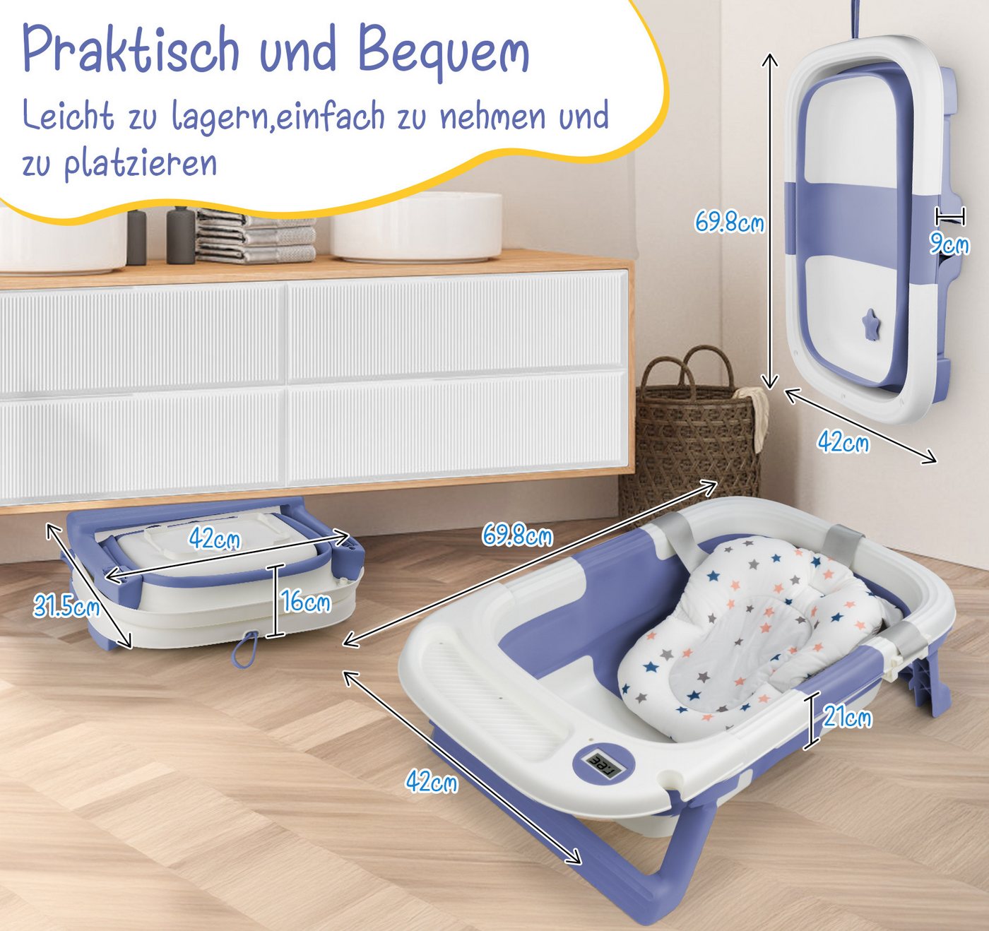 ElitVita Babybadewanne Faltbare Badewanne mit Pflegeset,PP & TPE Badewannensitz für 0-2 Jahre, (1-tlg), Babybadewanne mit weichem Schwimmkissen,Thermometer,Rutschfeste