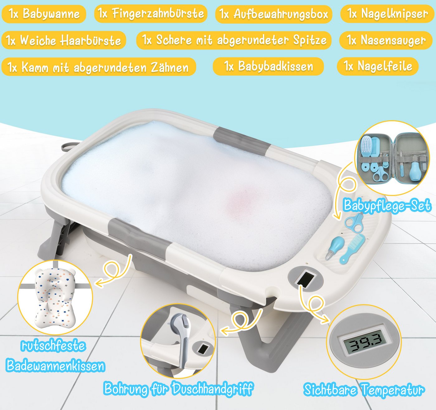 ElitVita Babybadewanne Faltbare Badewanne mit Pflegeset,PP & TPE Badewannensitz für 0-2 Jahre, (1-tlg), Babybadewanne mit weichem Schwimmkissen,Thermometer,Rutschfeste Bild 2