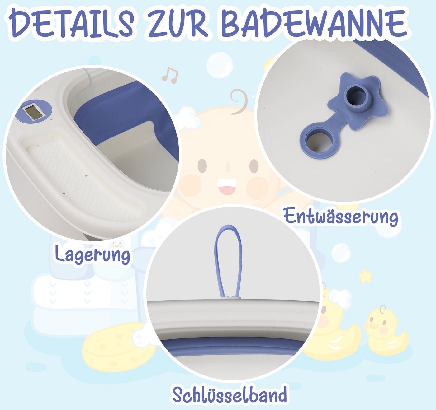 ElitVita Babybadewanne Faltbare Badewanne mit Pflegeset,PP & TPE Badewannensitz für 0-2 Jahre, (1-tlg), Babybadewanne mit weichem Schwimmkissen,Thermometer,Rutschfeste Bild 5