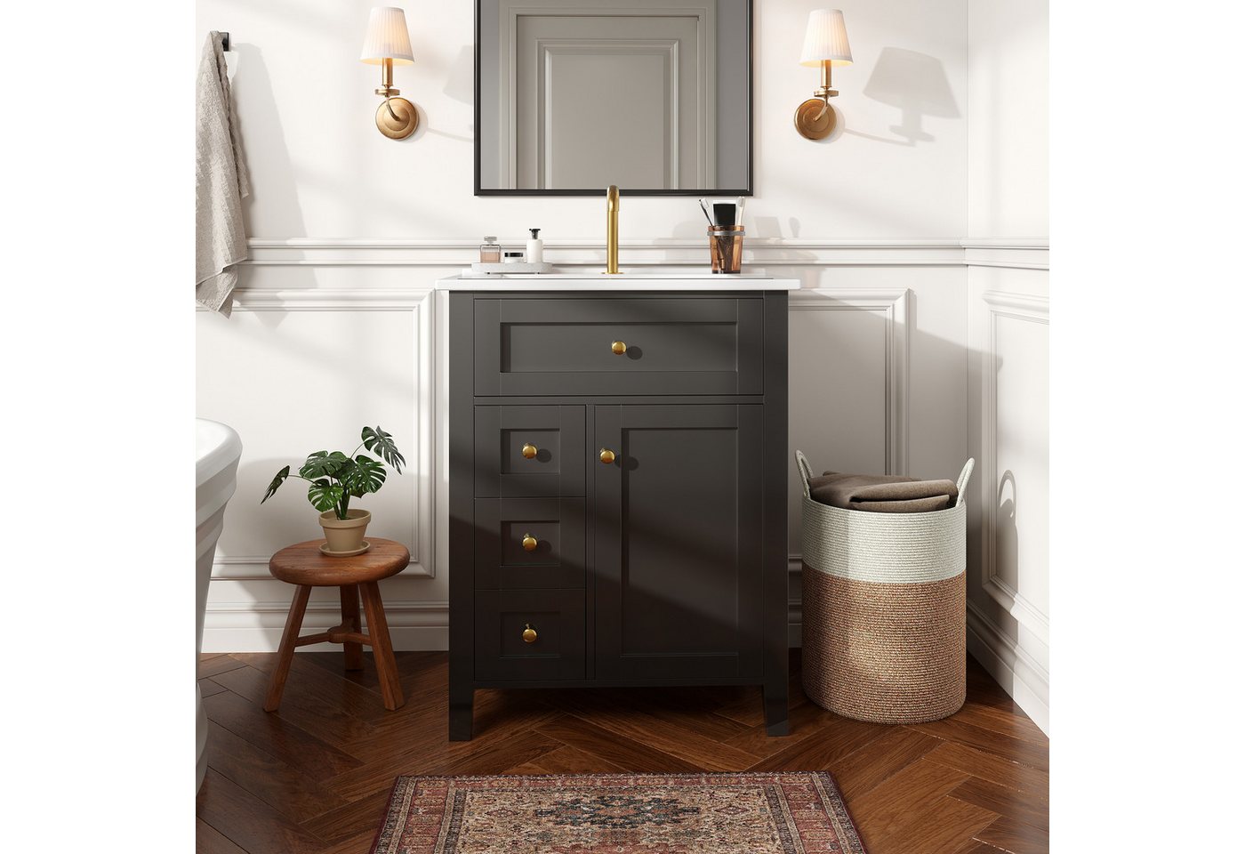 Flieks Waschtisch mit 3 Schubladen & 1 Klappen & Türregalen Soft-Close-Funktion (bodenstehend Waschbeckenunterschrank mit Waschbecken, 1-St., B61/T47/H86 cm), Badezimmerschrank mit Keramikbecken Badmöbel Volllackierung Schwarz