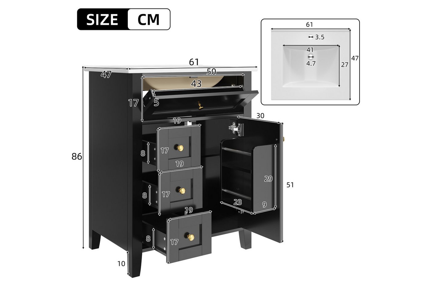 Flieks Waschtisch mit 3 Schubladen & 1 Klappen & Türregalen Soft-Close-Funktion (bodenstehend Waschbeckenunterschrank mit Waschbecken, 1-St., B61/T47/H86 cm), Badezimmerschrank mit Keramikbecken Badmöbel Volllackierung Schwarz Bild 3