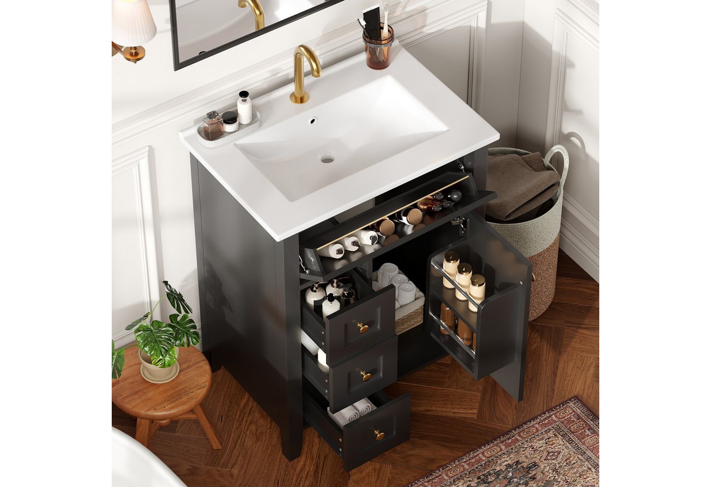 Flieks Waschtisch mit 3 Schubladen & 1 Klappen & Türregalen Soft-Close-Funktion (bodenstehend Waschbeckenunterschrank mit Waschbecken, 1-St., B61/T47/H86 cm), Badezimmerschrank mit Keramikbecken Badmöbel Volllackierung Schwarz Bild 4