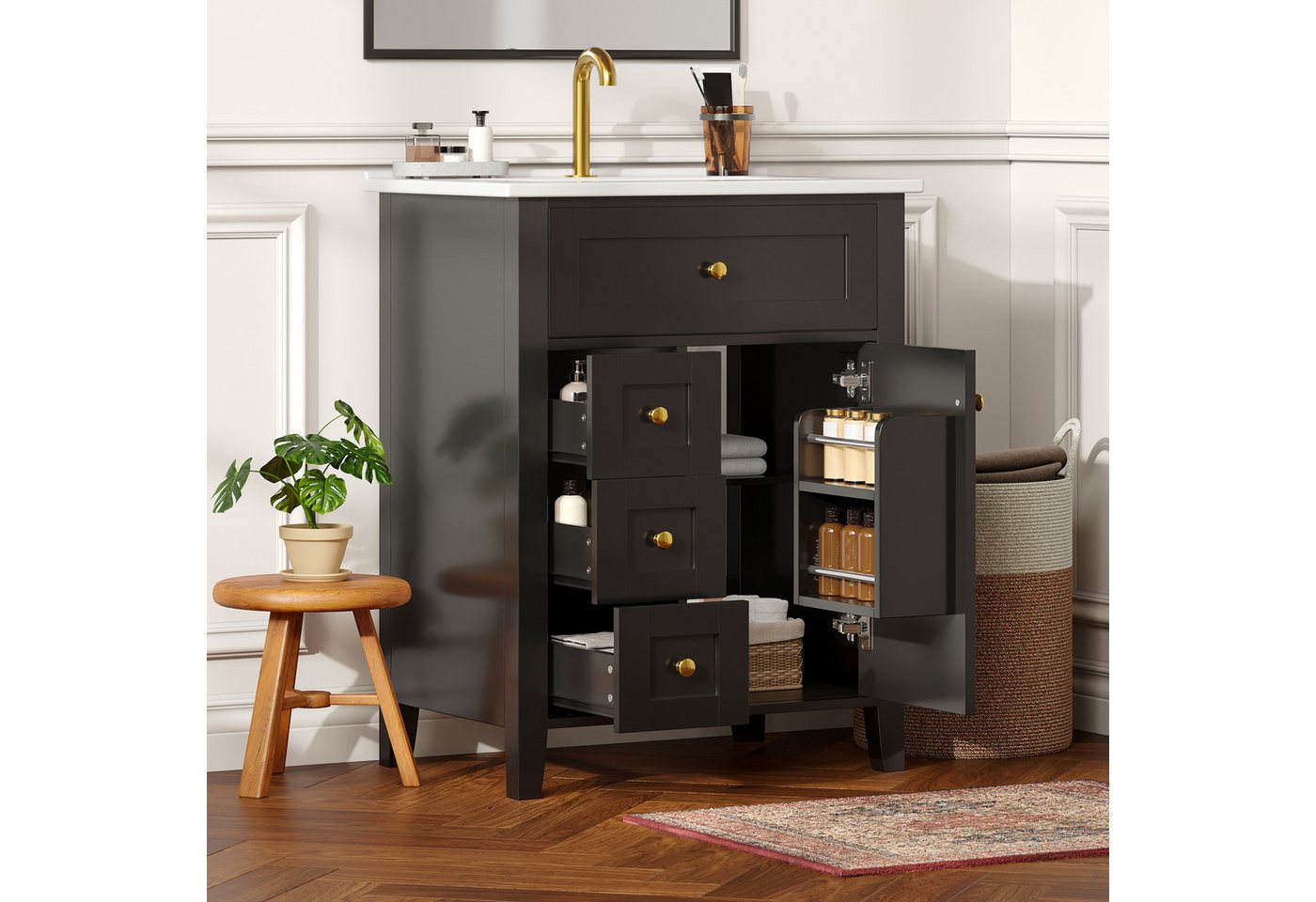 Flieks Waschtisch mit 3 Schubladen & 1 Klappen & Türregalen Soft-Close-Funktion (bodenstehend Waschbeckenunterschrank mit Waschbecken, 1-St., B61/T47/H86 cm), Badezimmerschrank mit Keramikbecken Badmöbel Volllackierung Schwarz Bild 5