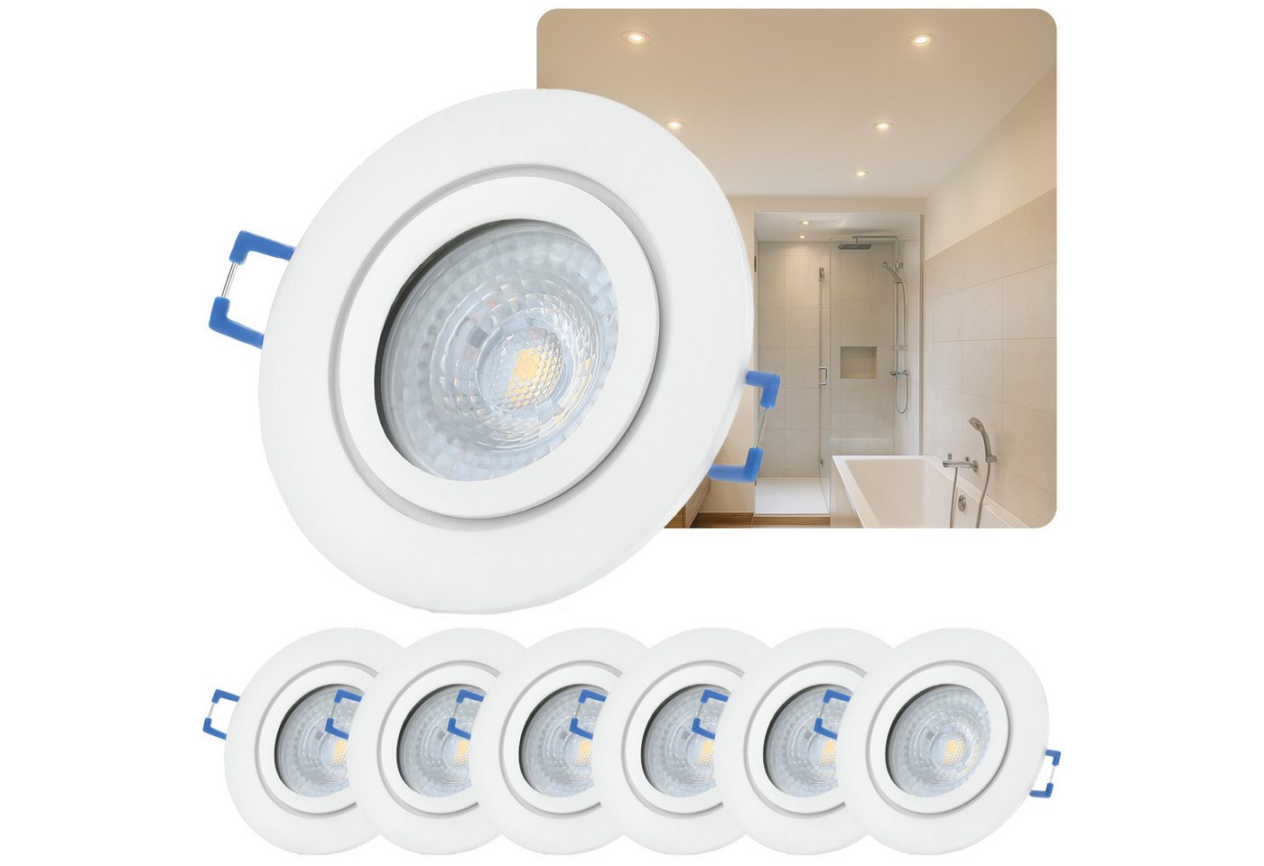 Sweet LED LED Einbaustrahler 6er Set IP44 GU10 7W 230V 3000K Bad Weiß matt LED Einbauspot Warmweiß, 3000K, Warmweiß, Deckenspots, Ø 85 mm, Einbauleuchten