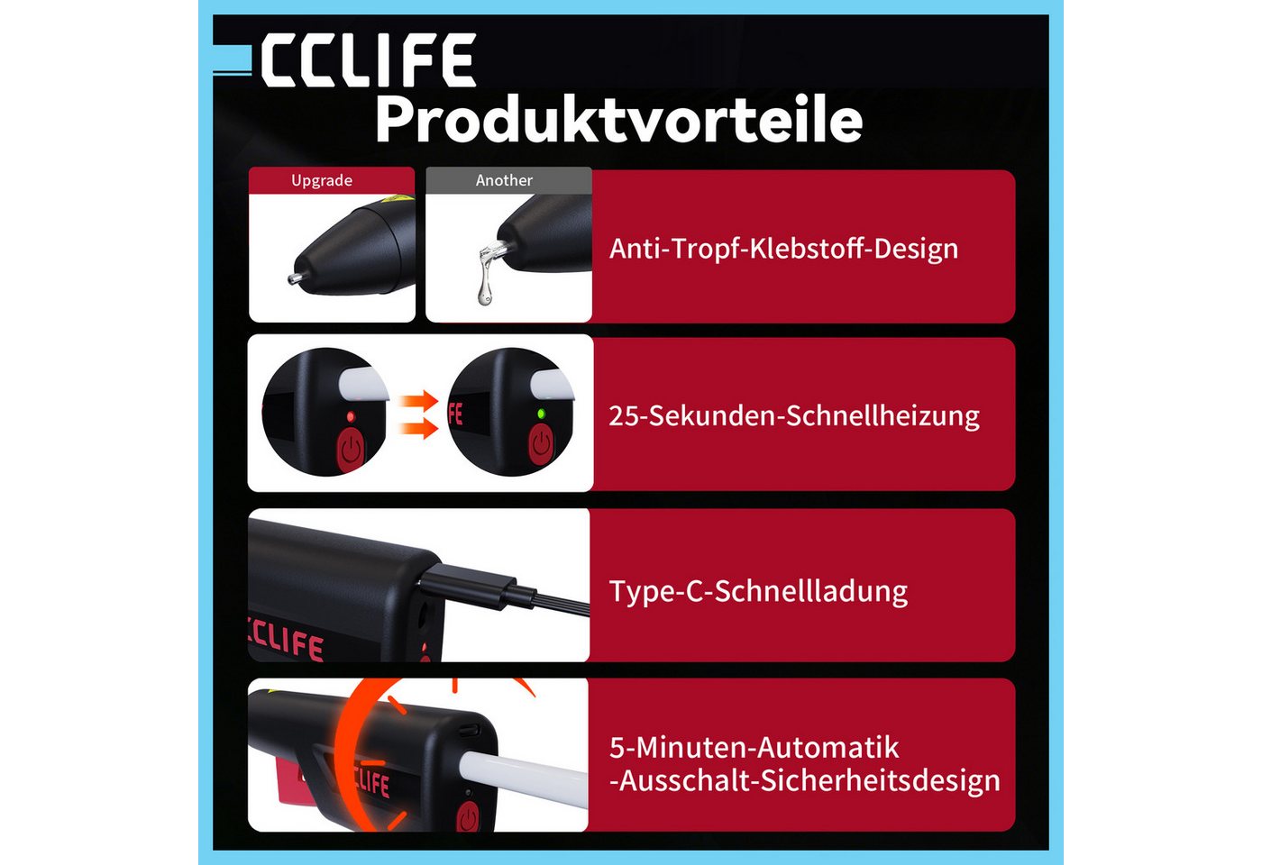 CCLIFE Heißklebestift CCLIFE Heissklebepistole Akku 25s Schnell Aufheizen Klebepistole Typ C Bild 3