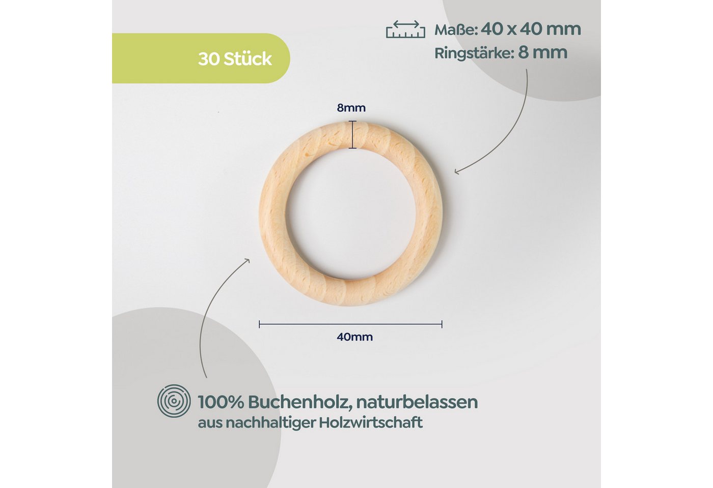Candini Bastelperlen Holzringe aus Buchenholz zum basteln & Makramee, 30 Stück, Ø 40mm, 8mm Ringstärke