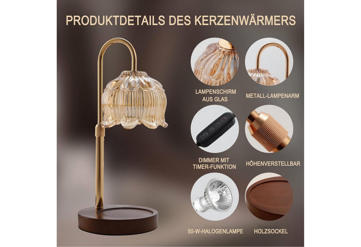 Futicare LED Nachttischlampe Kerzenwärmer Lampe mit Dimmer & Timer – Duftlampe ohne offene Flamme, Tischlampe für Schlafzimmer & Wohnzimmer, Candle Warmer für Duftkerzen, warmes Stimmungslicht