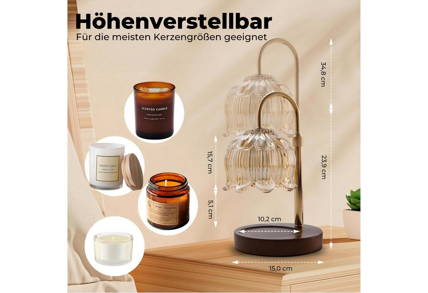 Futicare LED Nachttischlampe Kerzenwärmer Lampe mit Dimmer & Timer – Duftlampe ohne offene Flamme, Tischlampe für Schlafzimmer & Wohnzimmer, Candle Warmer für Duftkerzen, warmes Stimmungslicht Bild 4