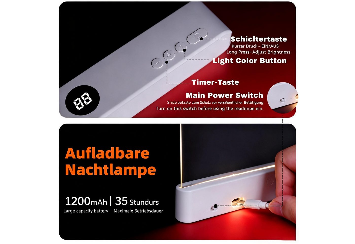AIBISTAR LED Leselampe Leselicht Leselampe, 3 Farben, Timer, 35h, USB-C, Lesehilfe Buchlampe, Perfektes Geschenk für Leseratten