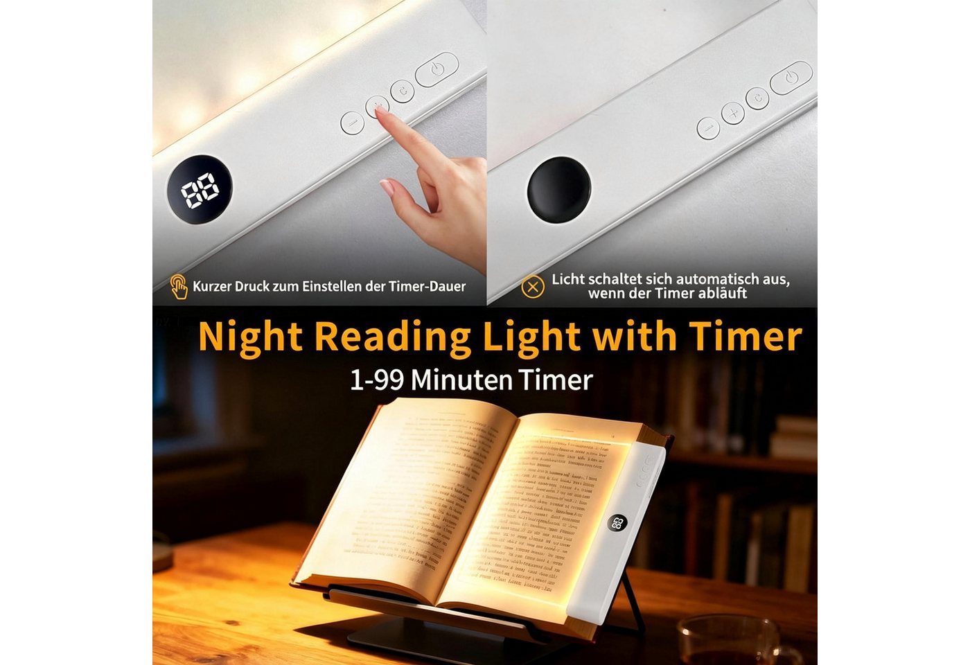 AIBISTAR LED Leselampe Leselicht Leselampe, 3 Farben, Timer, 35h, USB-C, Lesehilfe Buchlampe, Perfektes Geschenk für Leseratten Bild 2