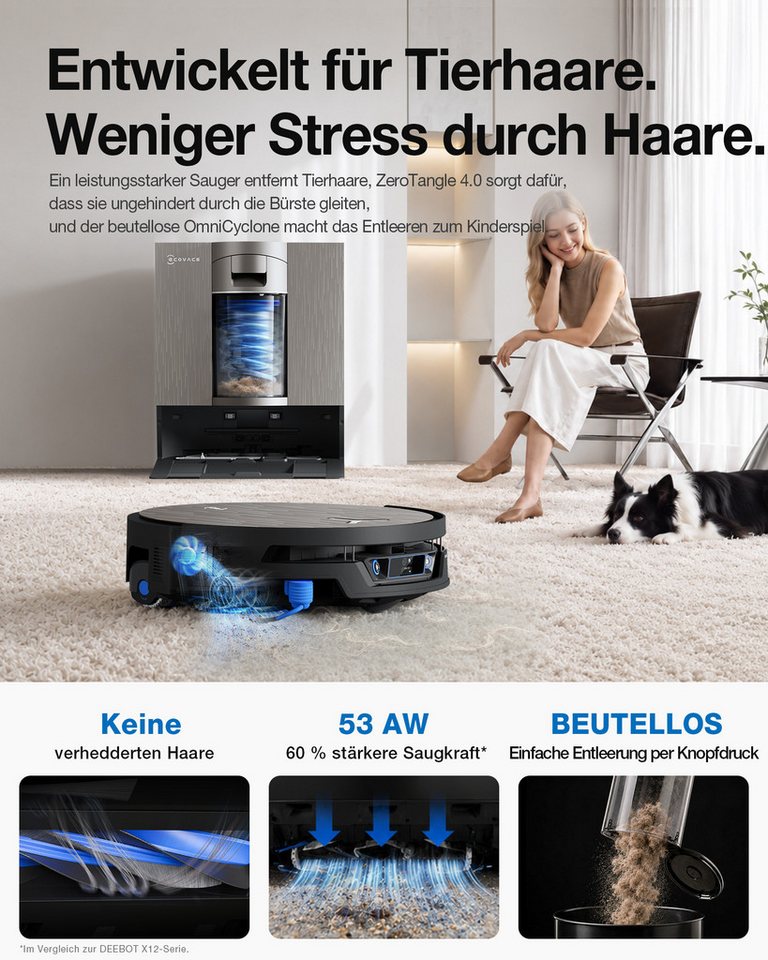 ECOVACS Nass-Trocken-Saugroboter DEEBOT X12S, inkl. OmniCyclone Station, 150 W, beutellos, 27.000 Pa + 53 AW Saugleistung, 27cm Wischrolle Bild 2