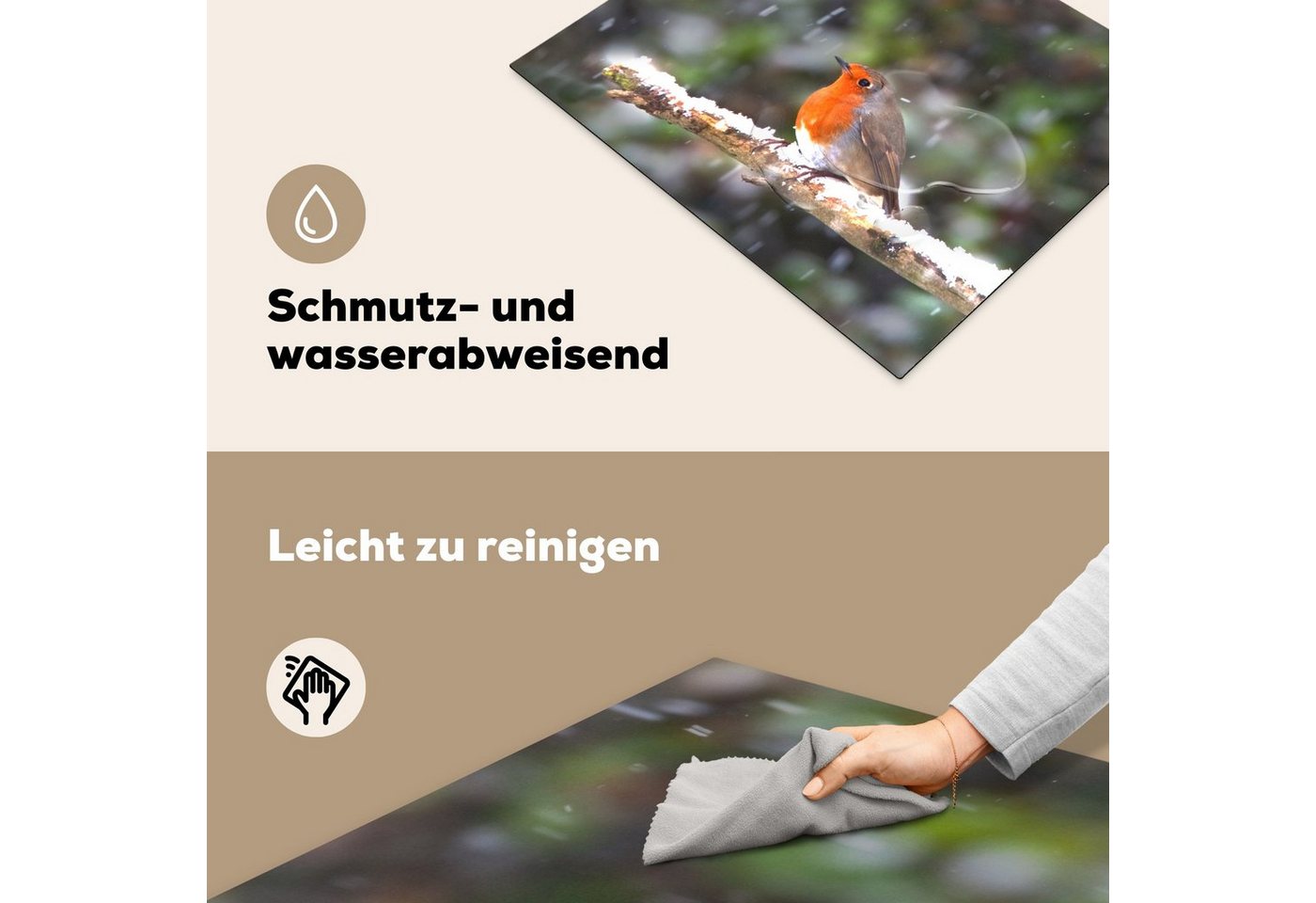 MuchoWow Herd-Abdeckplatte Rotkehlchen - Schnee - Zweig, Vinyl, (1 tlg), Abdeckung Induktionskochfeld Schutzmatte, Küche Deko, 65x52 cm Bild 3