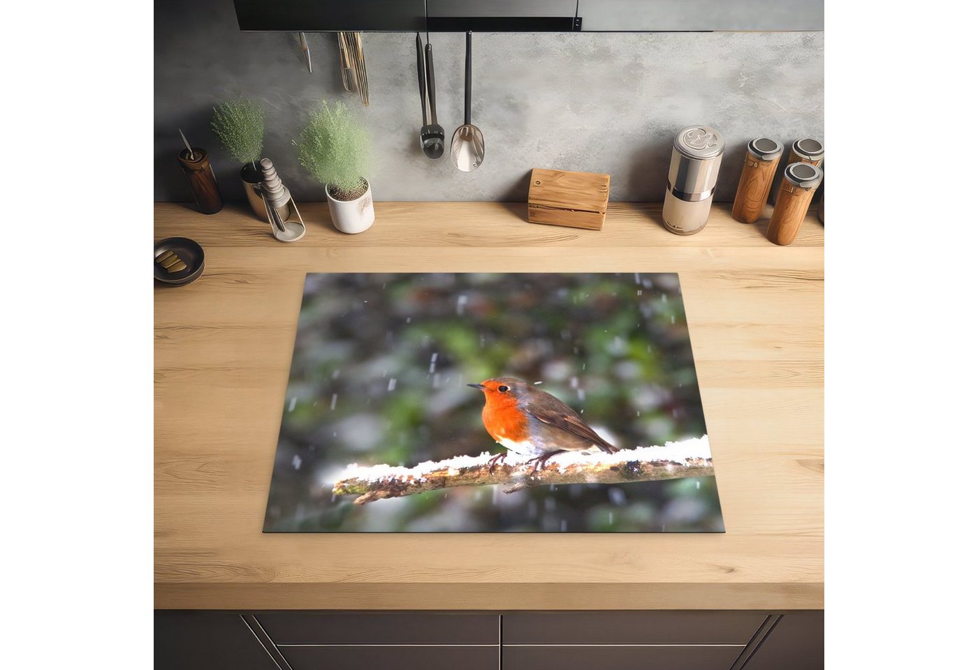 MuchoWow Herd-Abdeckplatte Rotkehlchen - Schnee - Zweig, Vinyl, (1 tlg), Abdeckung Induktionskochfeld Schutzmatte, Küche Deko, 65x52 cm Bild 4