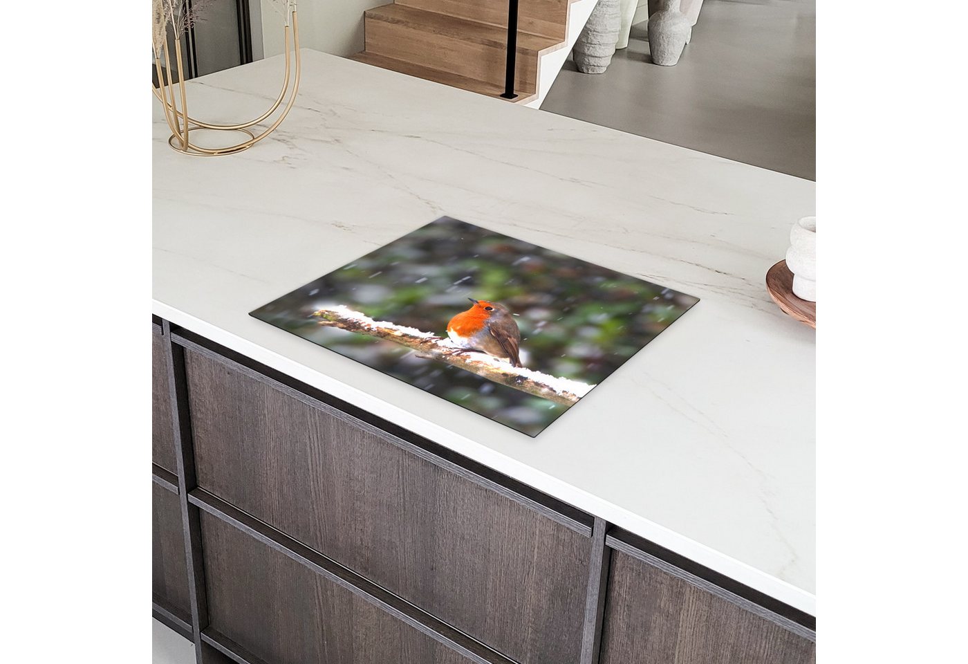 MuchoWow Herd-Abdeckplatte Rotkehlchen - Schnee - Zweig, Vinyl, (1 tlg), Abdeckung Induktionskochfeld Schutzmatte, Küche Deko, 65x52 cm Bild 5