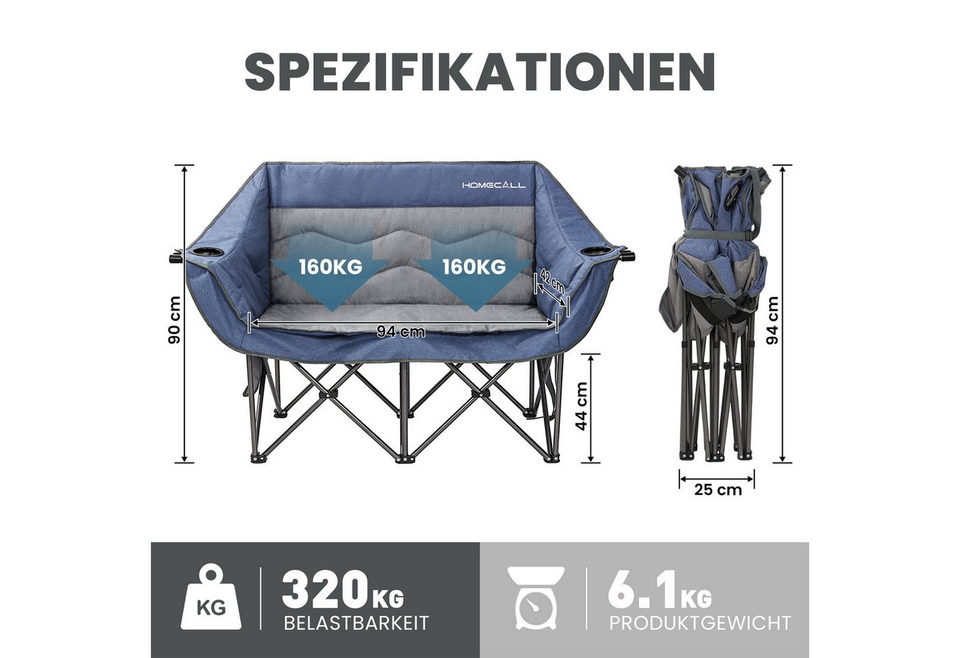 HOMECALL Campingstuhl Camping Sofa faltbar XXL für 2 Personen Luxus Camping Couch Doppelter Bild 5