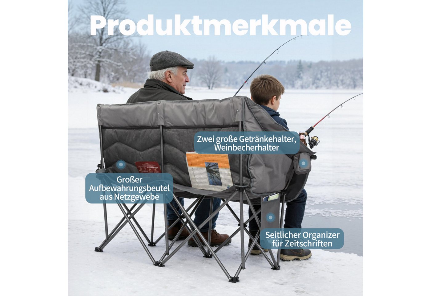 HOMECALL Campingstuhl Camping Sofa faltbar XXL für 2 Personen Luxus Camping Couch Doppelter (mit 107 cm Sitzbreite, hoher Rückenlehne und 2 Getränkehaltern), Camping-Sitzbank Für 2 Personen, big 320 kg Bild 3