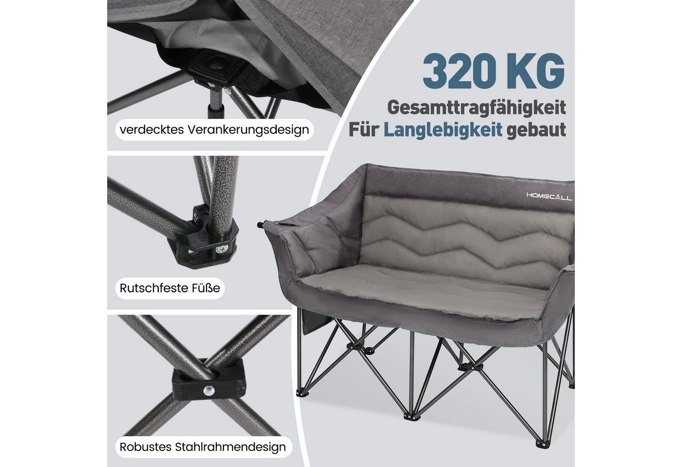 HOMECALL Campingstuhl Camping Sofa faltbar XXL für 2 Personen Luxus Camping Couch Doppelter (mit 107 cm Sitzbreite, hoher Rückenlehne und 2 Getränkehaltern), Camping-Sitzbank Für 2 Personen, big 320 kg Bild 4