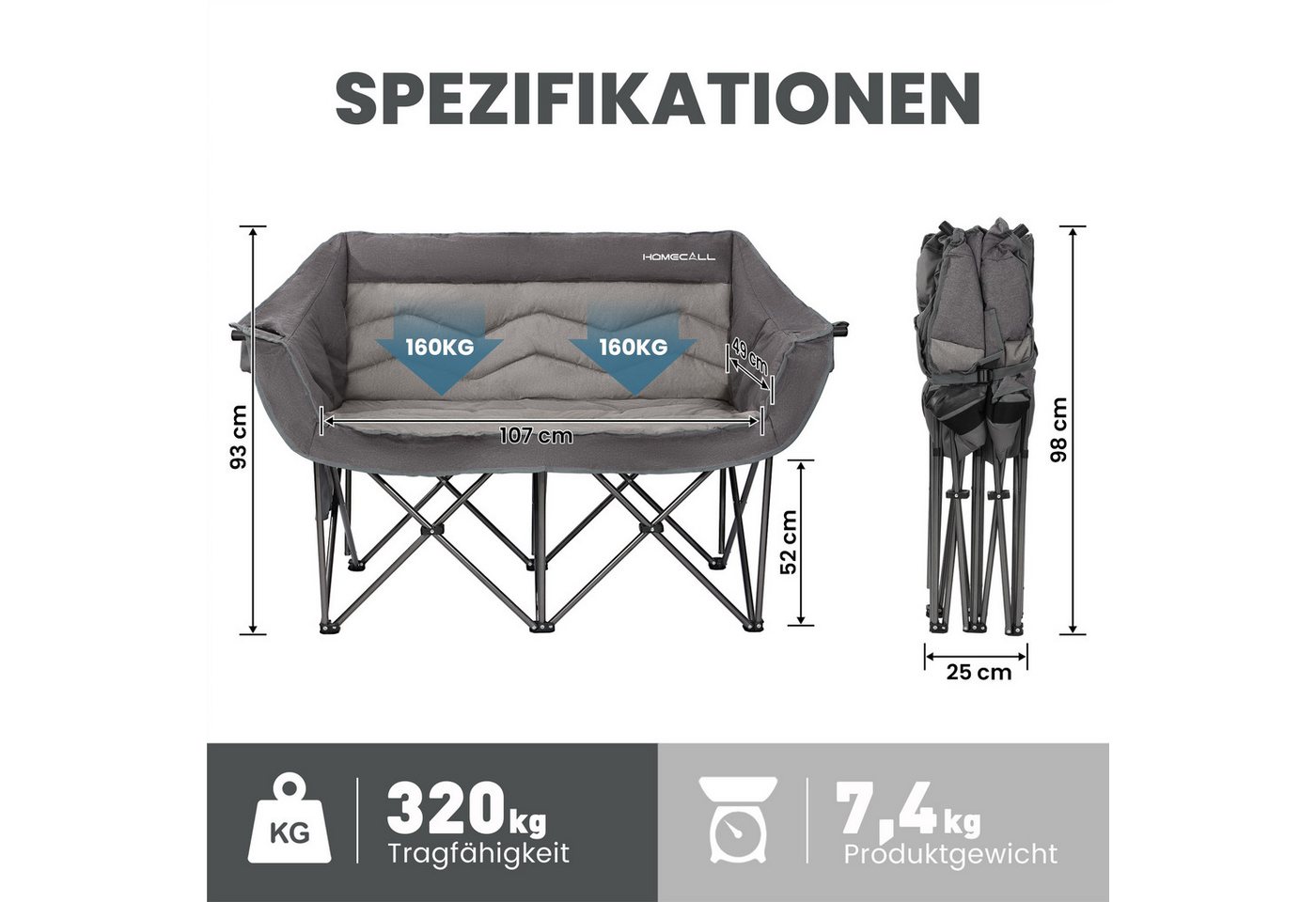 HOMECALL Campingstuhl Camping Sofa faltbar XXL für 2 Personen Luxus Camping Couch Doppelter (mit 107 cm Sitzbreite, hoher Rückenlehne und 2 Getränkehaltern), Camping-Sitzbank Für 2 Personen, big 320 kg Bild 5