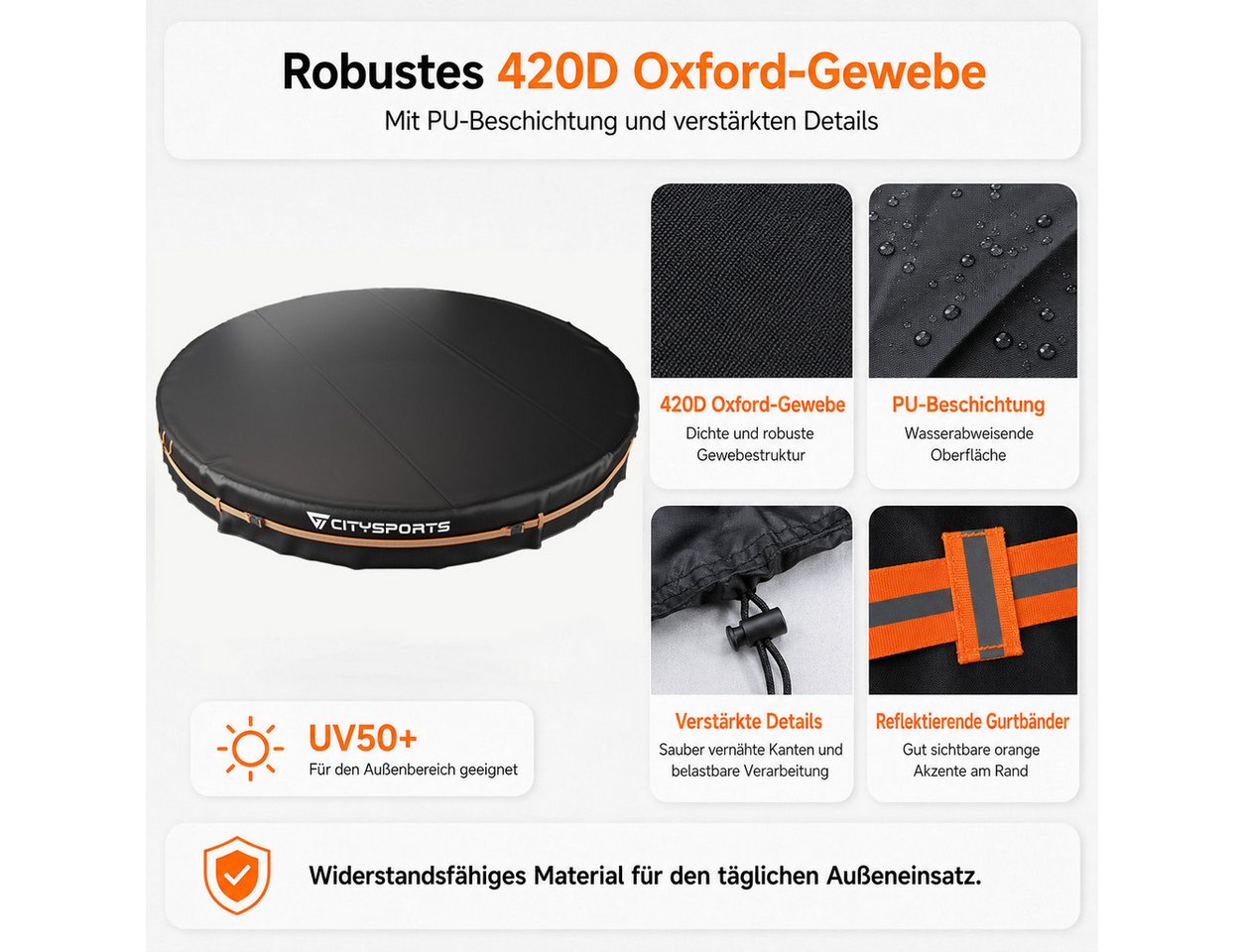 CITYSPORTS Pool-Abdeckplane Poolabdeckung Ø370 cm für 12 ft Rundpool & eckige Aufstellpools, 420D Oxford, PU-beschichtet, UV50+, 40 cm Seitenschürze, Reflexgurt Bild 2