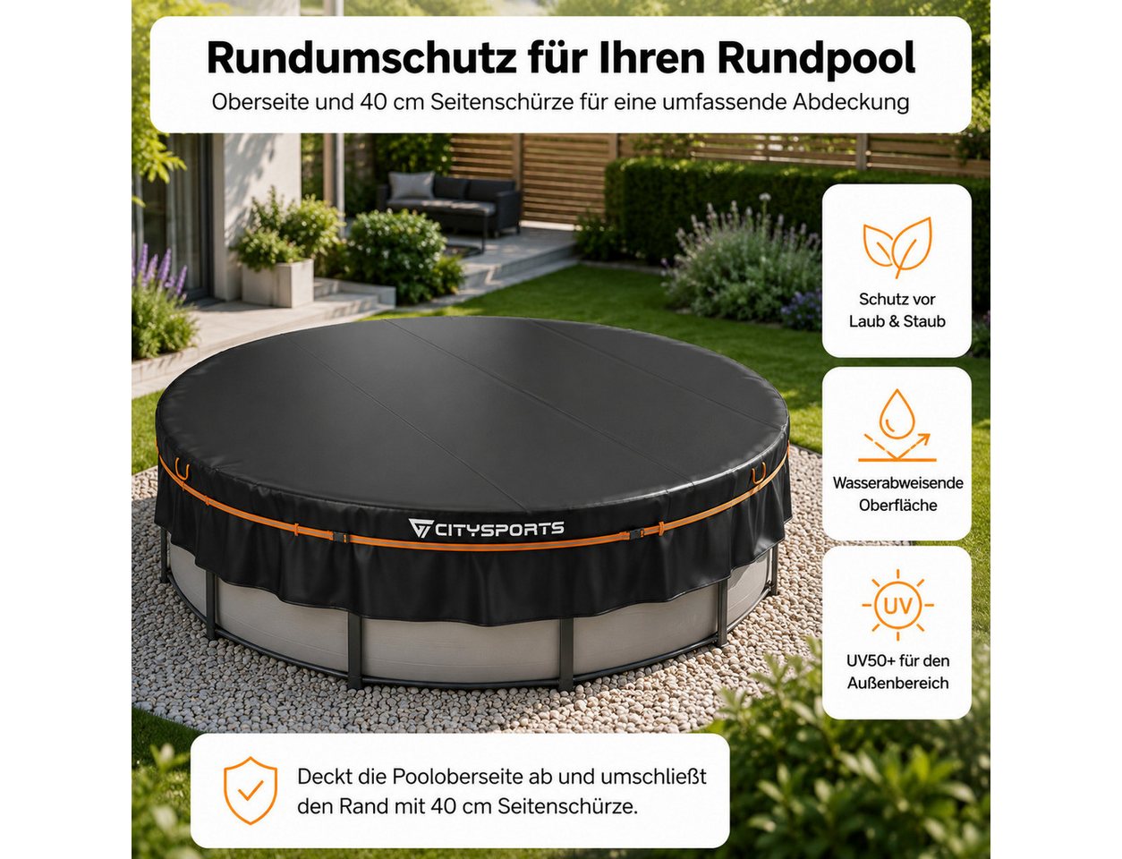 CITYSPORTS Pool-Abdeckplane Poolabdeckung Ø370 cm für 12 ft Rundpool & eckige Aufstellpools, 420D Oxford, PU-beschichtet, UV50+, 40 cm Seitenschürze, Reflexgurt Bild 4