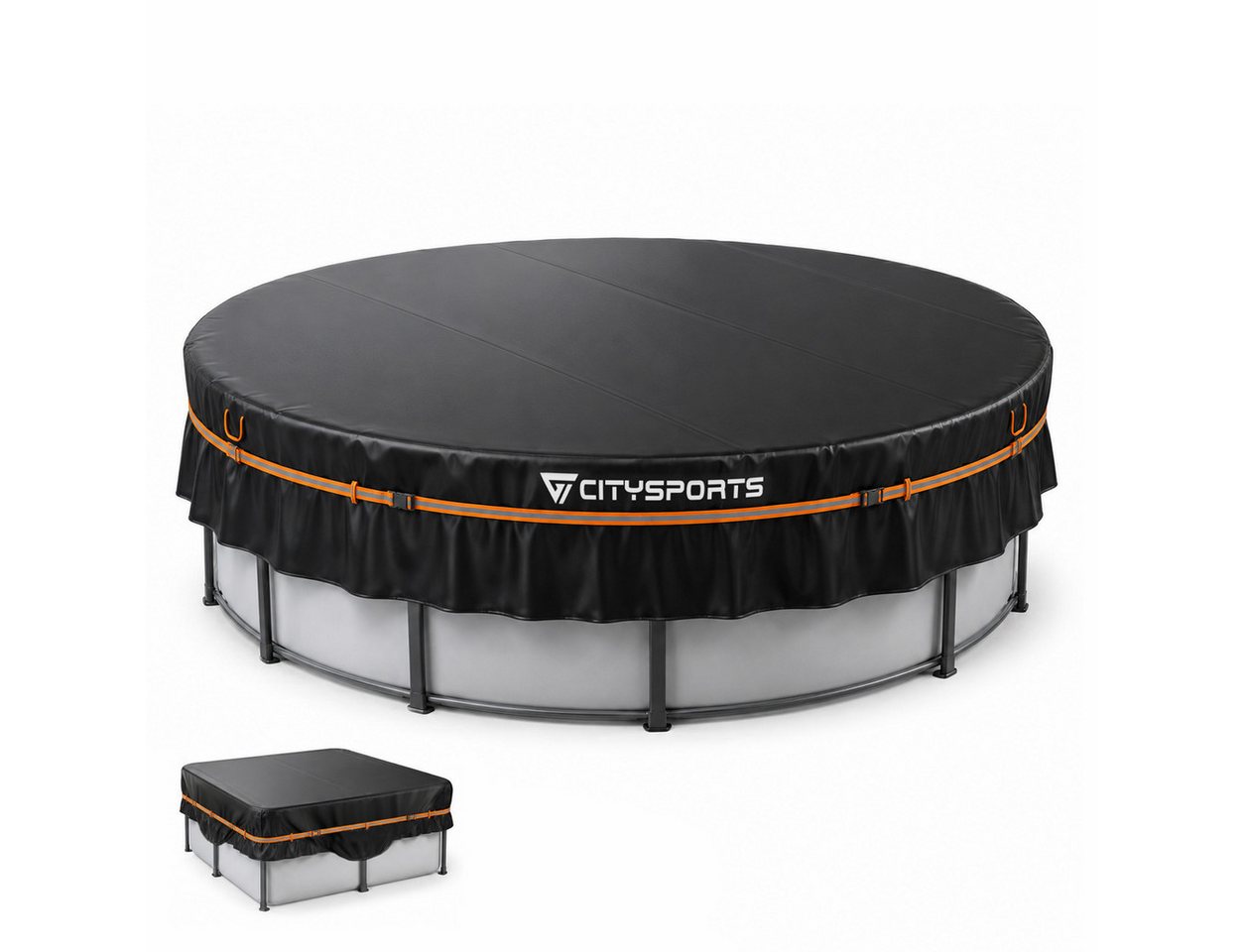 CITYSPORTS Pool-Abdeckplane Poolabdeckung Ø370 cm für 12 ft Rundpool & eckige Aufstellpools, 420D Oxford, PU-beschichtet, UV50+, 40 cm Seitenschürze, Reflexgurt Bild 5