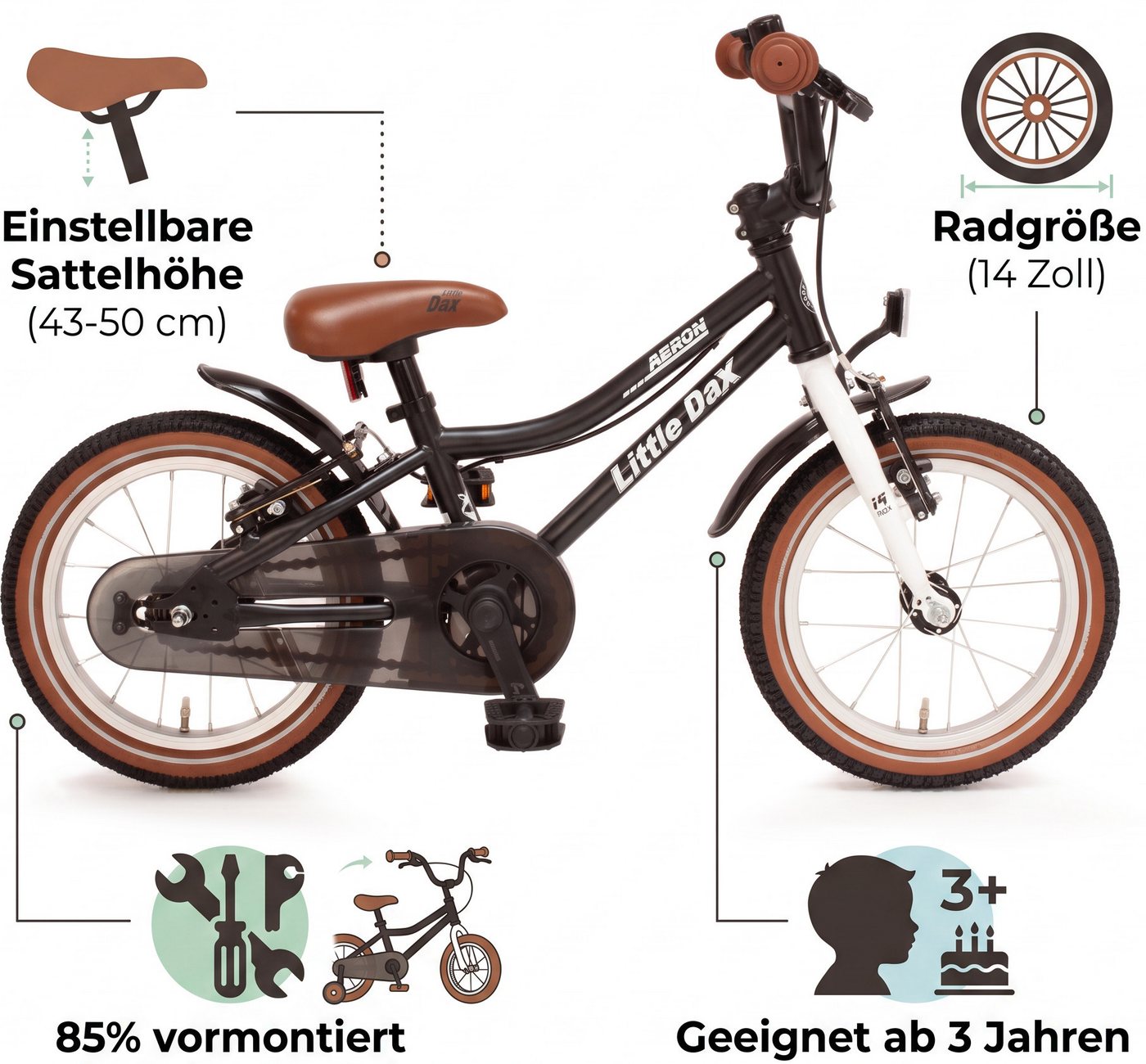 Bachtenkirch Kinderfahrrad 14 Zoll Schwarz Fahrrad für Kinder ab 3 Jahre, Sitzhöhe 43-50 cm, Schrittlänge ab ca. 41 cm, Gewicht ca. 7 kg