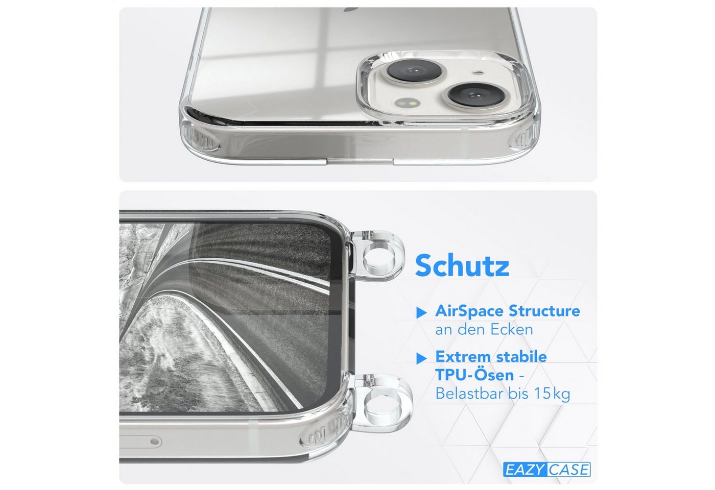 EAZY CASE Handykette Hülle mit Kette für Apple iPhone 13 6,1 Zoll, Slimcover Handykette Hülle mit Band Handykordel Clear Case Slim Grau