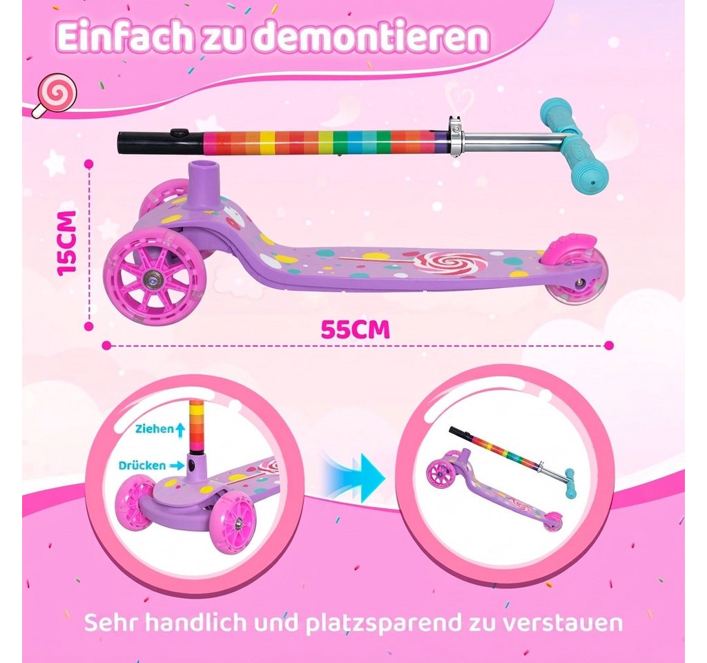 Nattork Scooter dreirädriger Kinderroller ab 3–6 Jahren mit blinkenden LED-Rädern, (1 tlg), Höhenverstellbarer Kinderscooter für Mädchen und Jungen