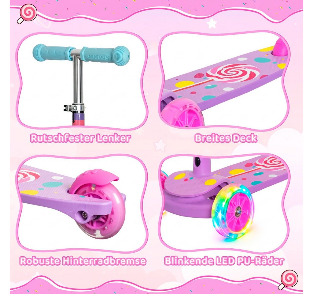 Nattork Scooter dreirädriger Kinderroller ab 3–6 Jahren mit blinkenden LED-Rädern, (1 tlg), Höhenverstellbarer Kinderscooter für Mädchen und Jungen Bild 4