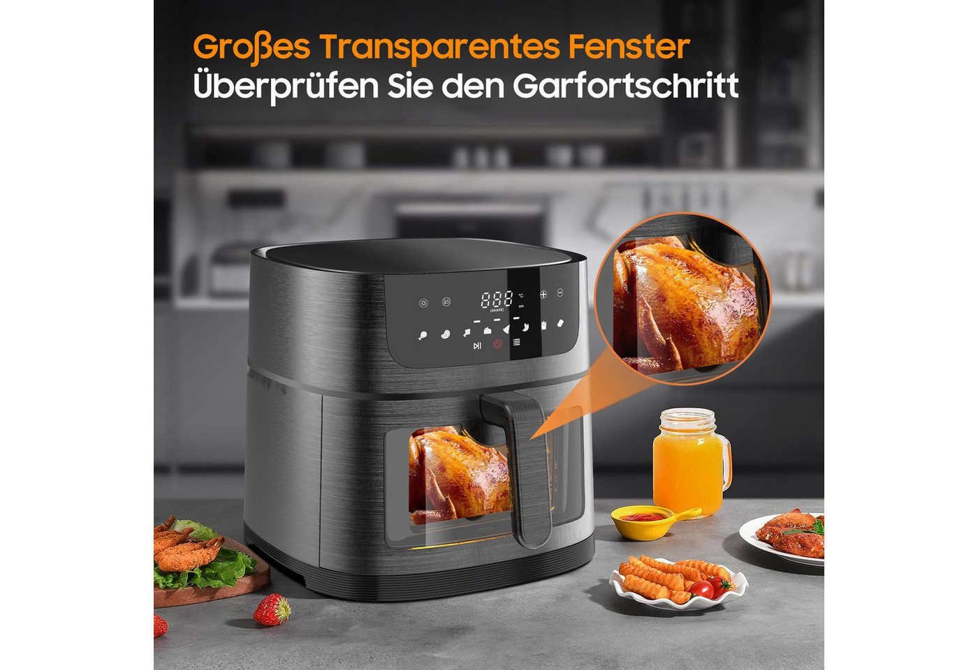 AIMAX Heißluftfritteuse AF‑ZE8007 XXL Airfryer 9L, 8 Prog., Sichtfenster, 200°C, 1800 W, Touch-Bedienung, spülmaschinenfest, Rezept