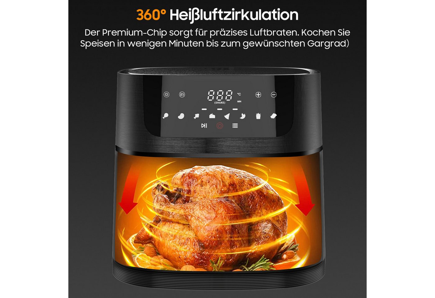 AIMAX Heißluftfritteuse AF‑ZE8007 XXL Airfryer 9L, 8 Prog., Sichtfenster, 200°C, 1800 W, Touch-Bedienung, spülmaschinenfest, Rezept Bild 3