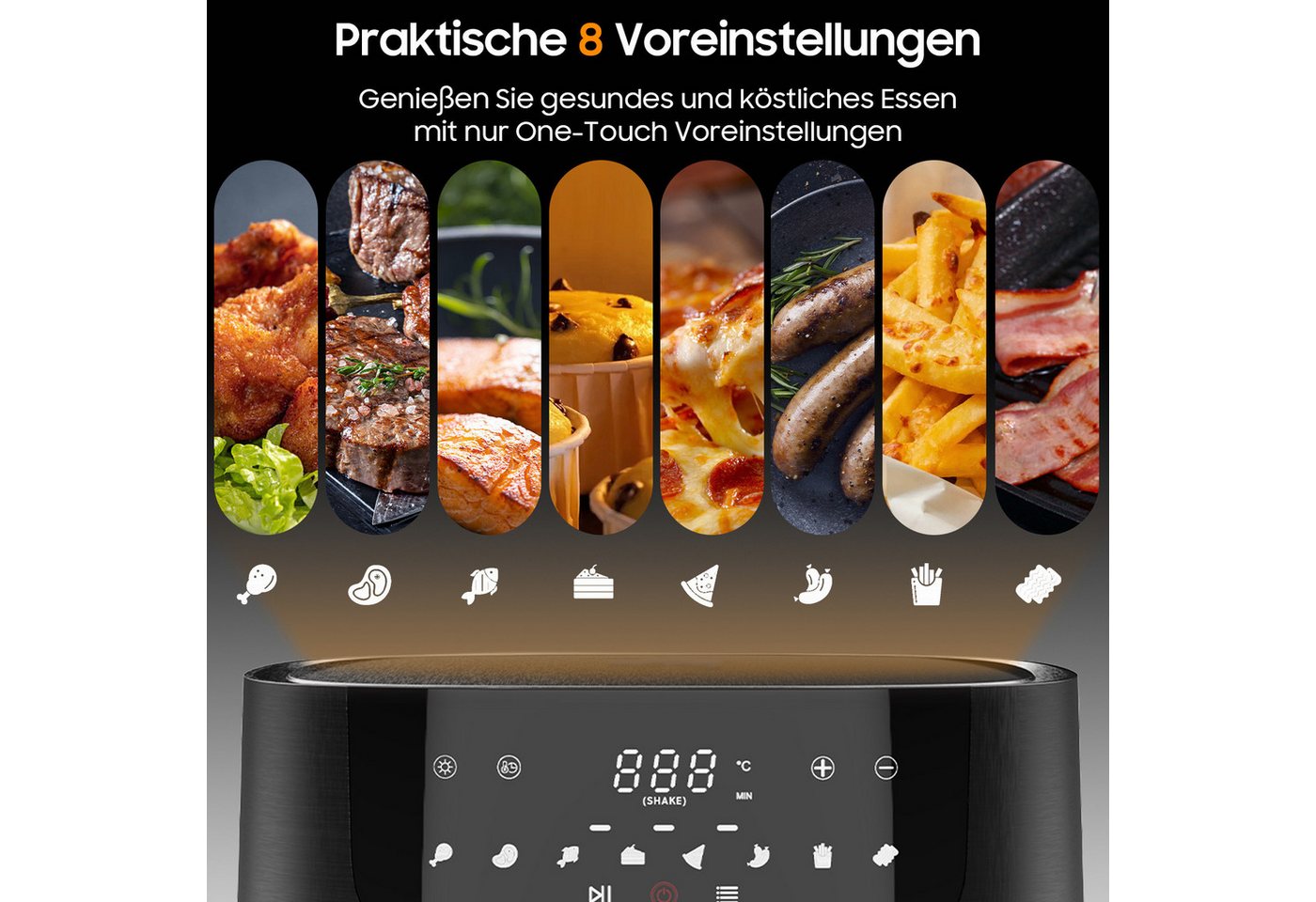 AIMAX Heißluftfritteuse AF‑ZE8007 XXL Airfryer 9L, 8 Prog., Sichtfenster, 200°C, 1800 W, Touch-Bedienung, spülmaschinenfest, Rezept Bild 4