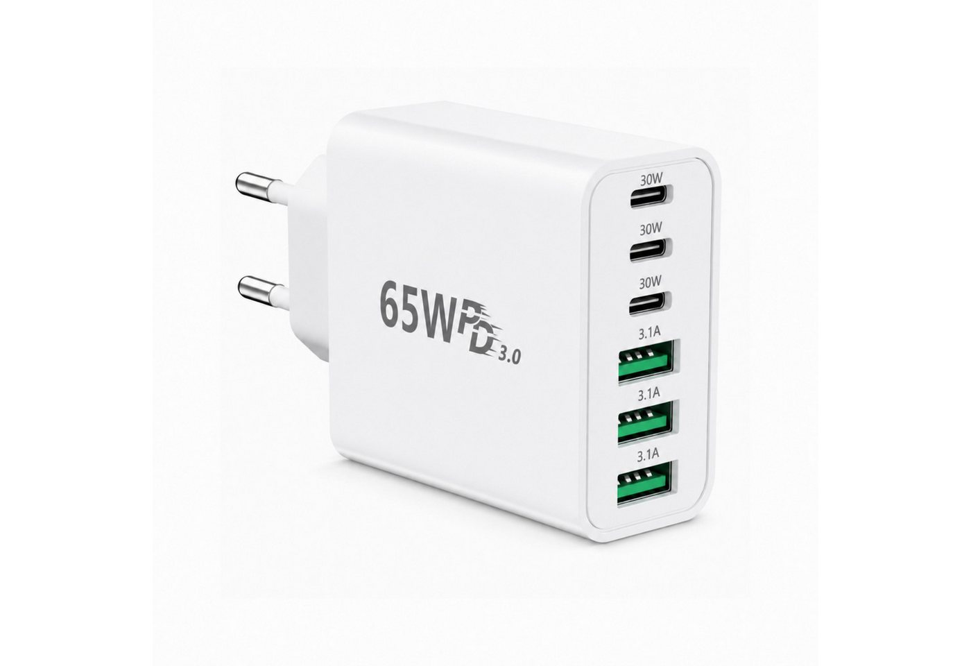 PlugUp 65W Ladegerät 6-Port 30W Schnellladeadapter Fast-Charging USB-Ladegerät (3100 mA, Universelles Schnellladegerät für Smartphone, Tablet & USB-C-Geräte)