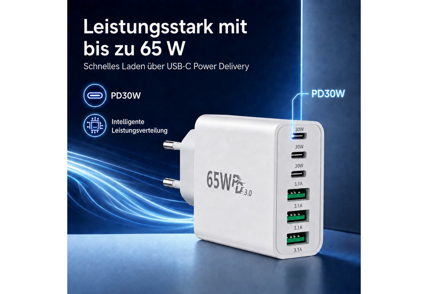 PlugUp 65W Ladegerät 6-Port 30W Schnellladeadapter Fast-Charging USB-Ladegerät (3100 mA, Universelles Schnellladegerät für Smartphone, Tablet & USB-C-Geräte) Bild 4