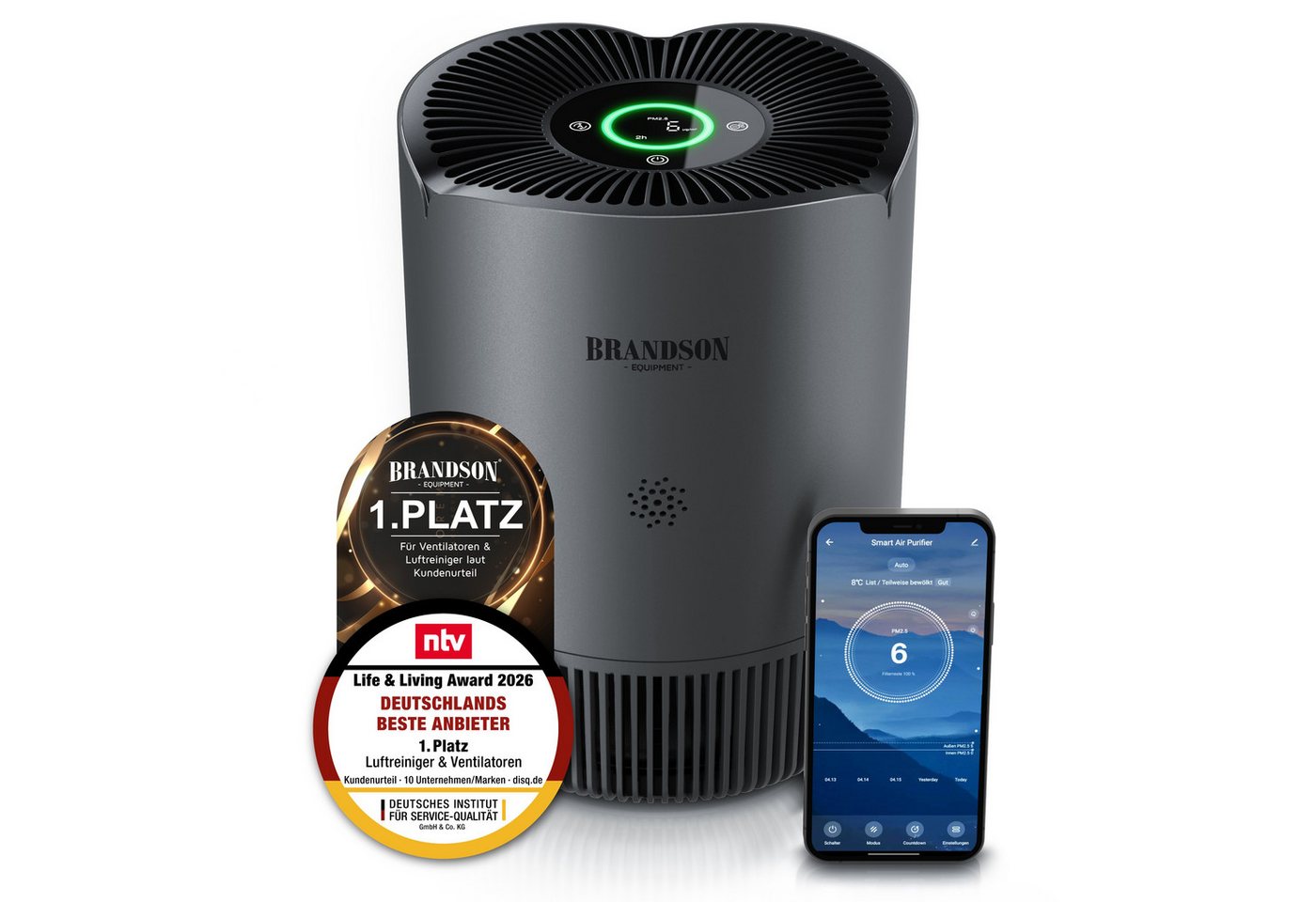Brandson Luftreiniger für Allergiker, HEPA 13 + Aktivkohle, WLAN-App, 158 m³/h, 45 m², für 45 m² Räume, PM2,5-Anzeige, 4 Geschwindigkeiten, Timer und Kindersicherung Bild 3