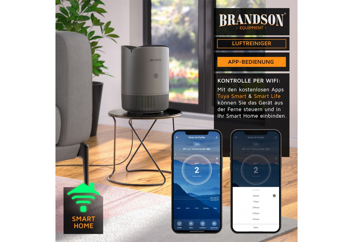 Brandson Luftreiniger für Allergiker, HEPA 13 + Aktivkohle, WLAN-App, 158 m³/h, 45 m², für 45 m² Räume, PM2,5-Anzeige, 4 Geschwindigkeiten, Timer und Kindersicherung Bild 4