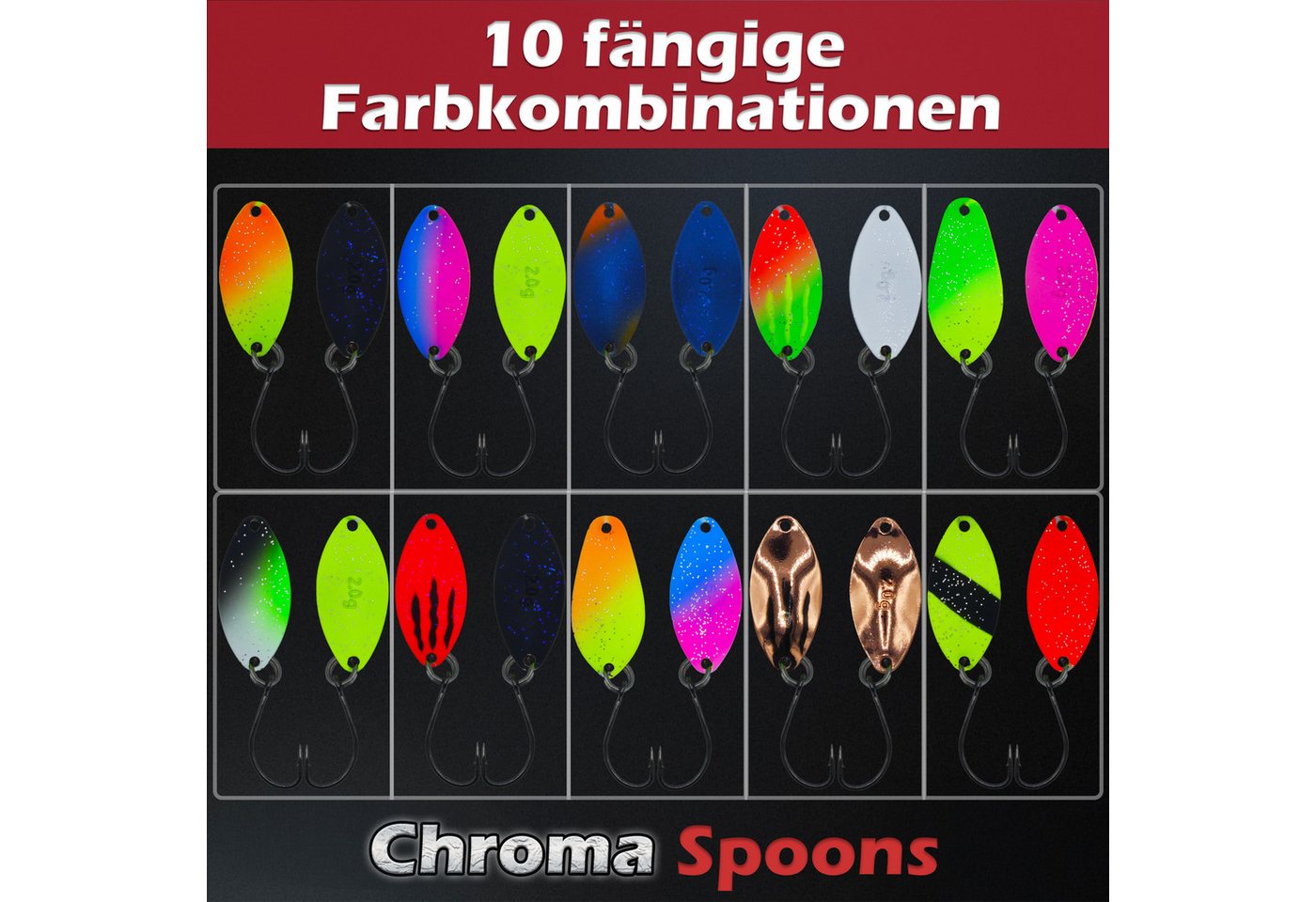 Paradox Fishing Kunstköder Forellen Spoon Sets 2,0g/2,5g/3,0g 10 Stück mit Box, (Forellenköder, Forellenköder), UV-AKTIV, inkl. Snaps