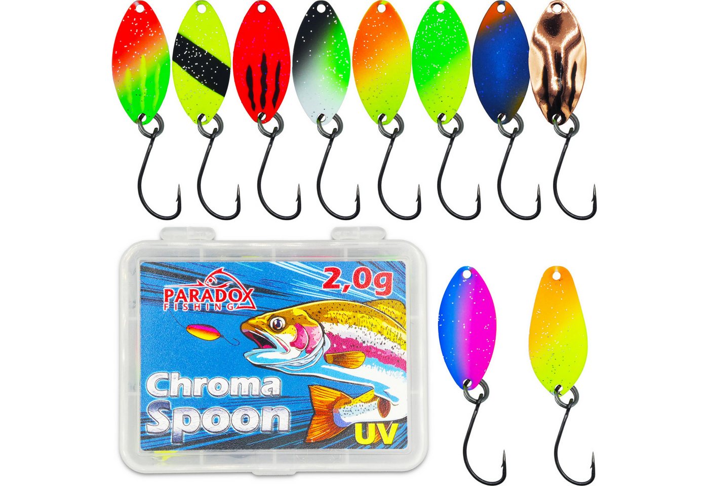 Paradox Fishing Kunstköder Forellen Spoon Sets 2,0g/2,5g/3,0g 10 Stück mit Box, (Forellenköder, Forellenköder), UV-AKTIV, inkl. Snaps Bild 4